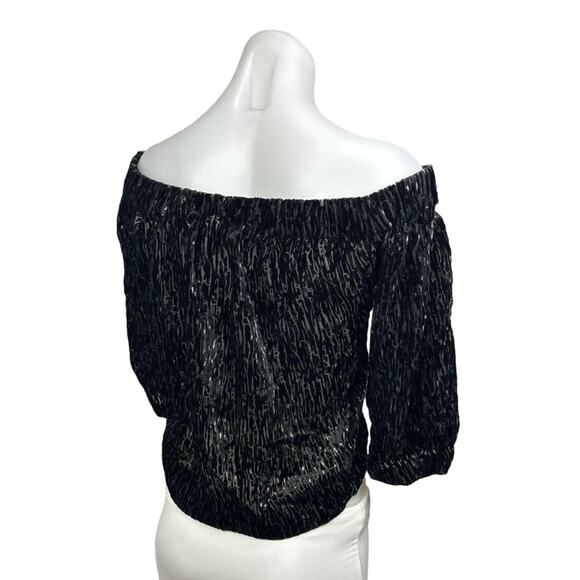 H&M Black Velvet Striped Pattern Off Shoulder 3/4 Sleeve Cropped Blouse Top Sz 6 - Picture 3 of 7